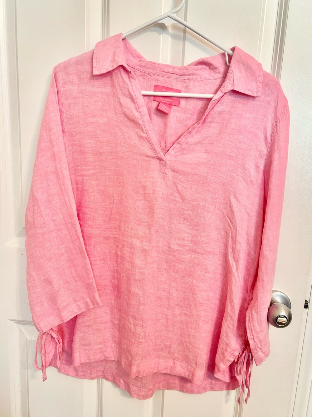 Lightweight Pink Linen-Blend V-Neck Tunic Top